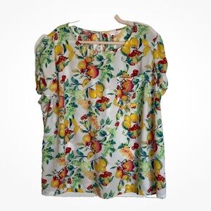Lauren Conrad Short Sleeve Top Sz 2X Plus Lemon Peach Floral Summer White Ruched